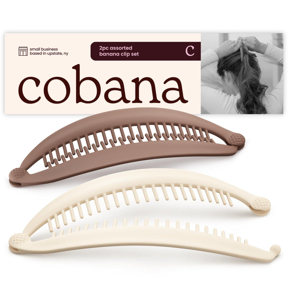 Cobana front view closed clip showing neutral finish and quick styling benefit
