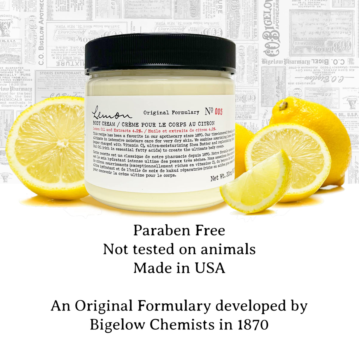 C. O. Bigelow massaging cream into elbow showing targeted softening benefits