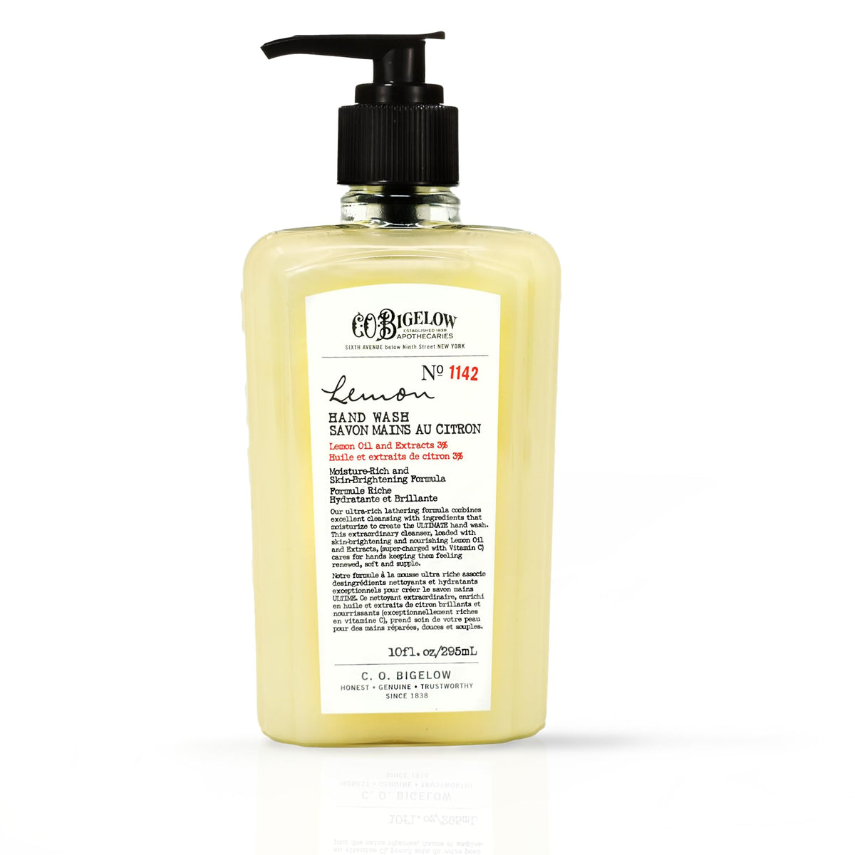 C. O. Bigelow front bottle view showing lemon hand wash and moisturizing benefit