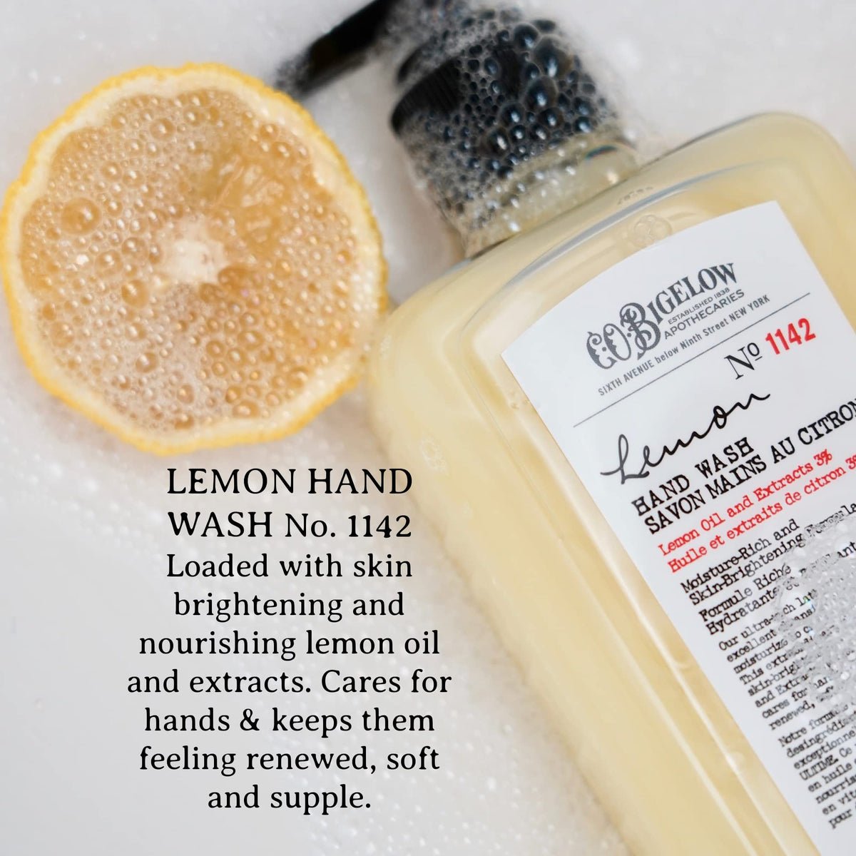 C. O. Bigelow pump dispensing soap into hands for easy everyday use