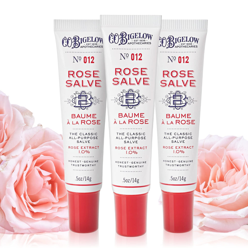 C. O. Bigelow front packaging displaying three rose salve tubes, convenient storage