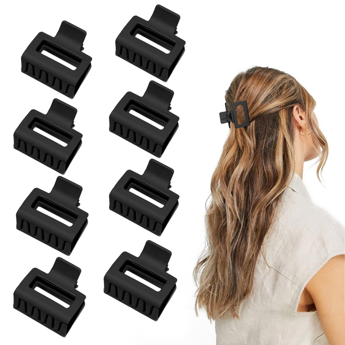 cobinaan front view of eight matte rectangle black claw hair clips showing compact pack and sleek design