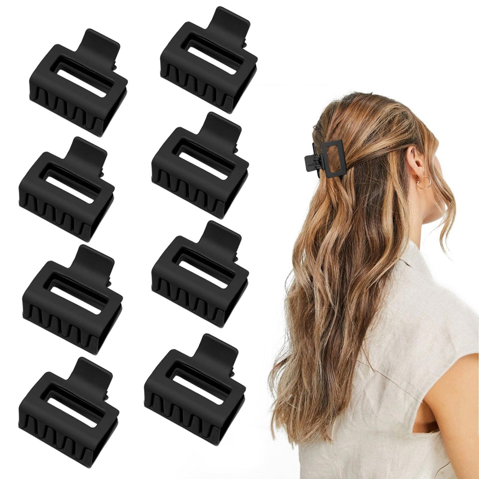 cobinaan front view of eight matte rectangle black claw hair clips showing compact pack and sleek design
