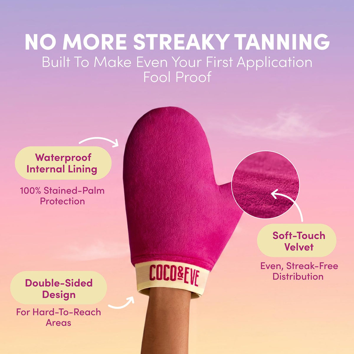Coco & Eve application demonstration on leg using mitt for even, natural-looking coverage