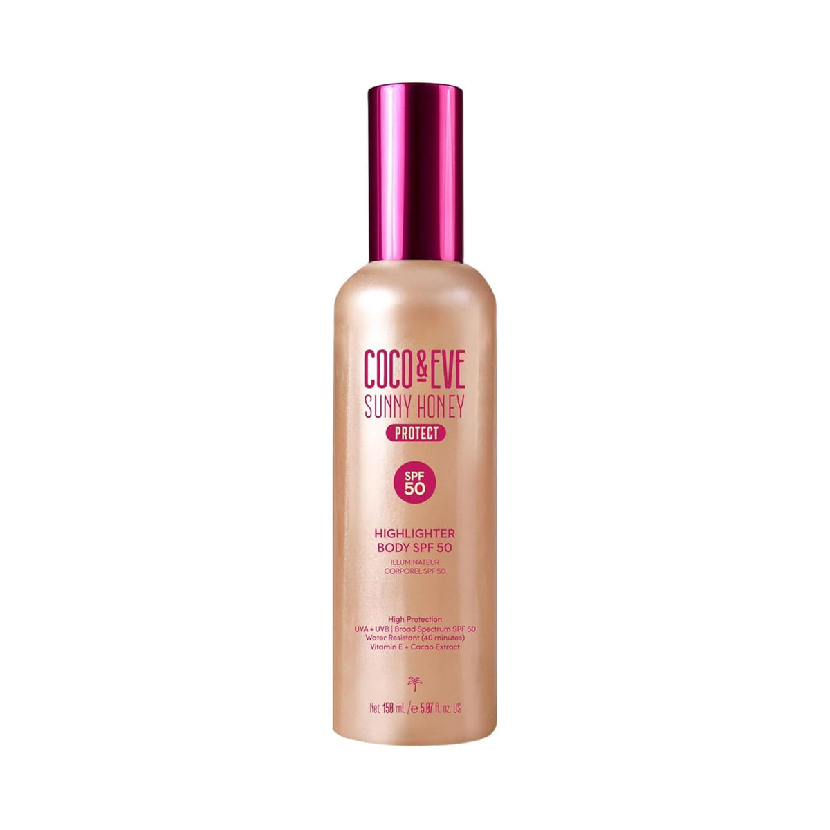 Coco & Eve front packaging showing SPF 50 and shimmer benefit