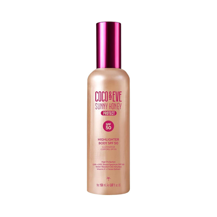 Coco & Eve front packaging showing SPF 50 and shimmer benefit