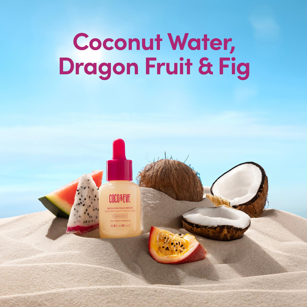 Coco & Eve Dark bottle next to a coin showing 1 fl oz size for travel