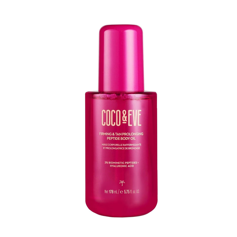 Coco & Eve front bottle shot showing sleek packaging and glow-enhancing oil