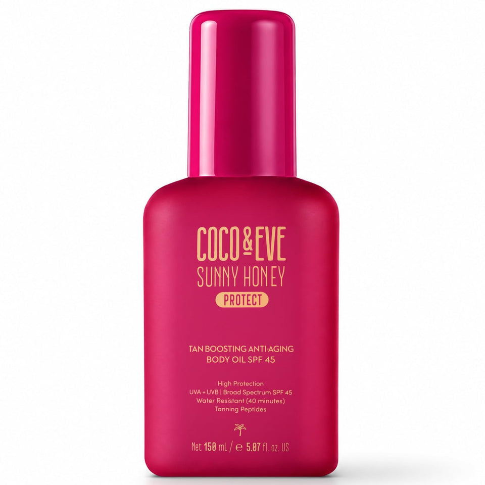 Coco & Eve pump bottle front view showing sleek design and SPF45 protection