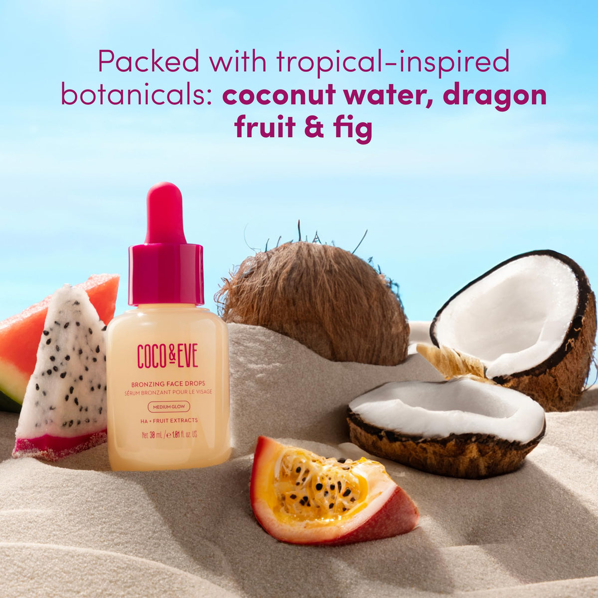 Coco & Eve bottle in hand for scale, compact 1 fl oz travel-friendly size