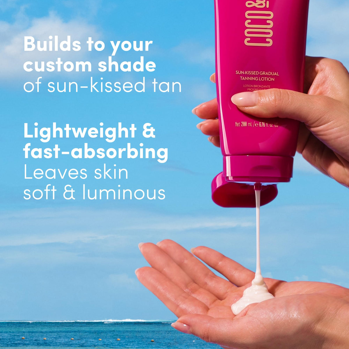 Coco & Eve bottle beside a hand for size comparison and travel-friendly benefit