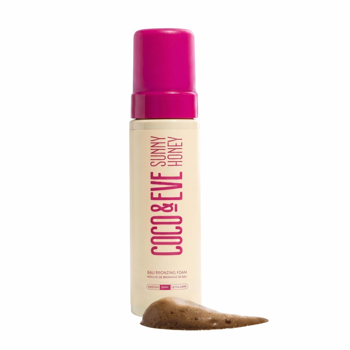 Coco & Eve front bottle view showing the dark tanning foam and label benefit