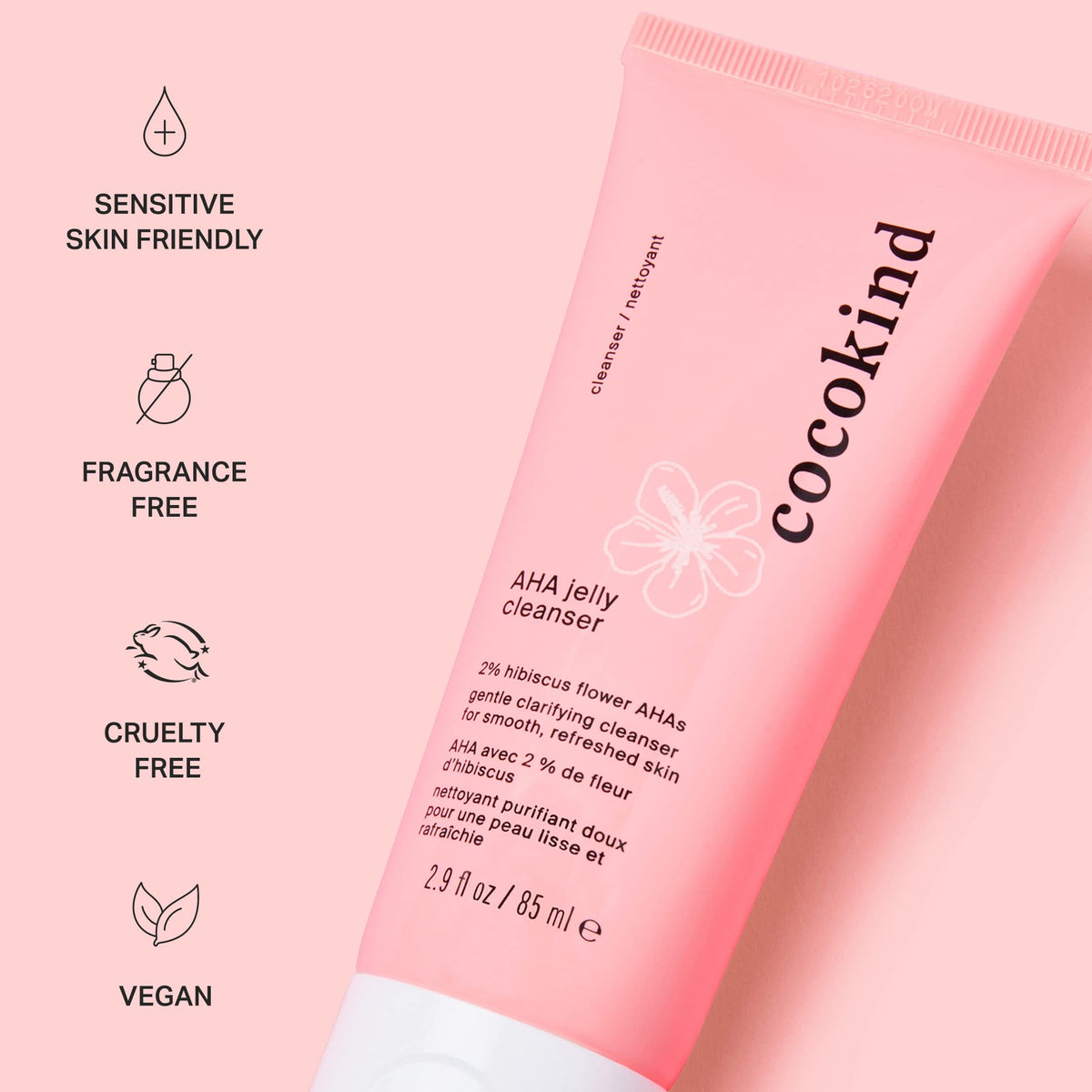 Cocokind AHA Jelly Cleanser ingredient label highlighting hibiscus acids and hyaluronic hydration benefit