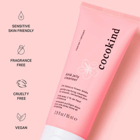 Cocokind AHA Jelly Cleanser ingredient label highlighting hibiscus acids and hyaluronic hydration benefit