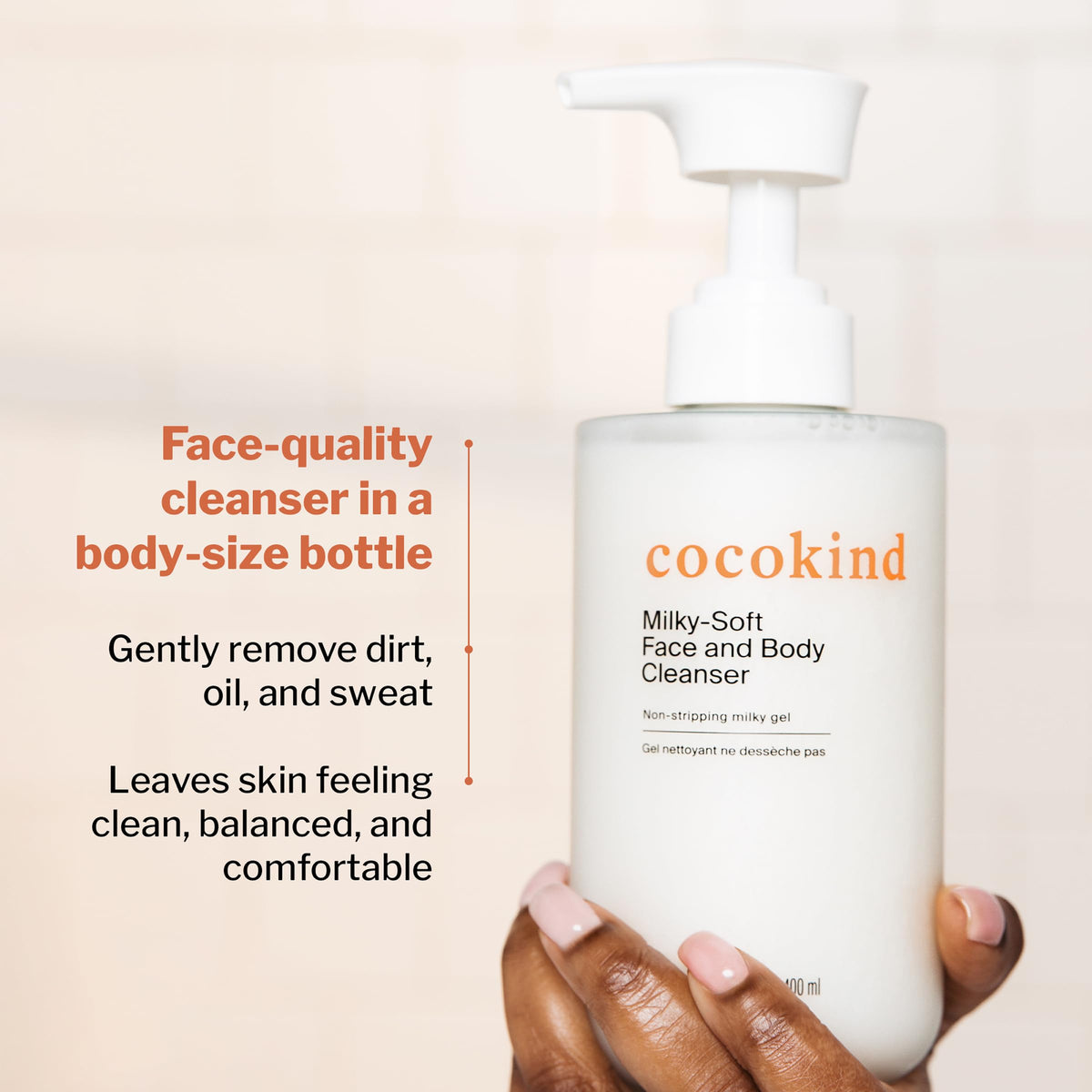 Cocokind bottle on bathroom shelf in lifestyle setting, suggests daily routine ease