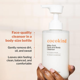 Cocokind bottle on bathroom shelf in lifestyle setting, suggests daily routine ease