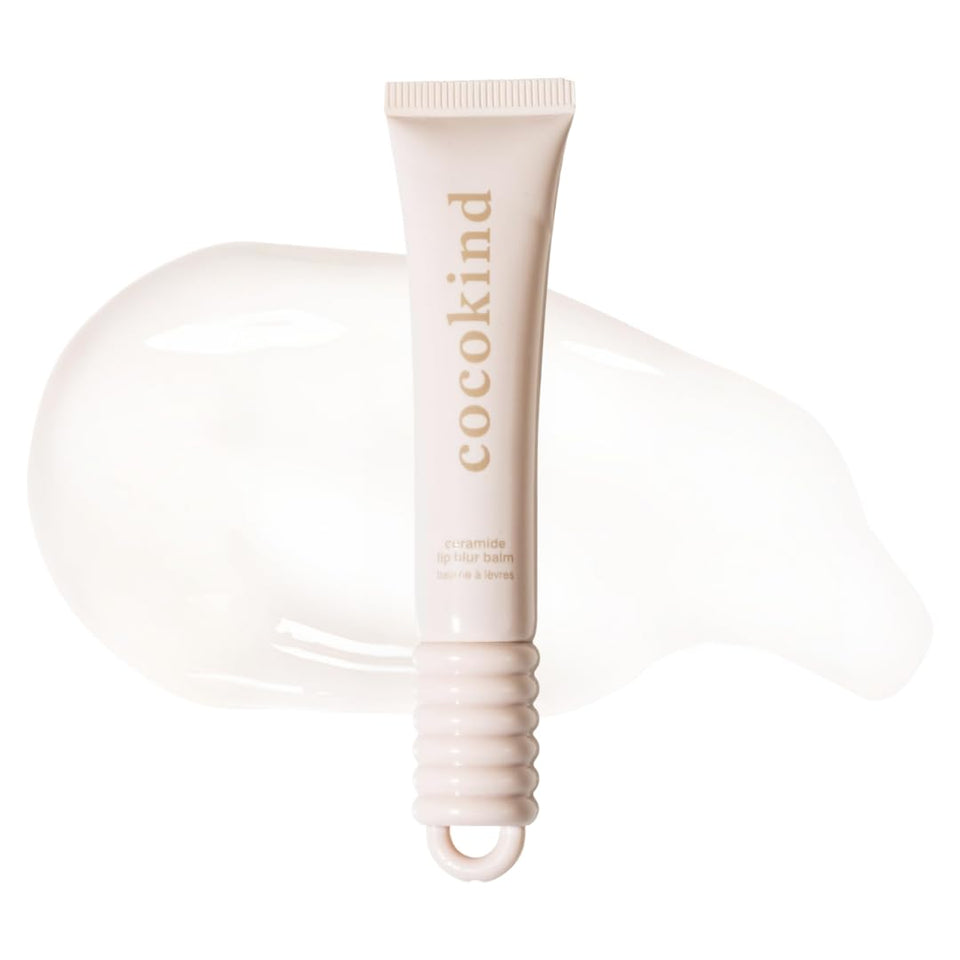 Cocokind clear lip blur balm front packaging showing glossy finish and compact size