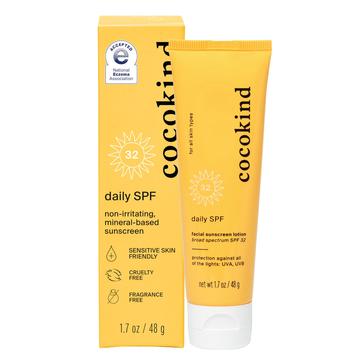 Cocokind front tube showing clean packaging and SPF 32 protection