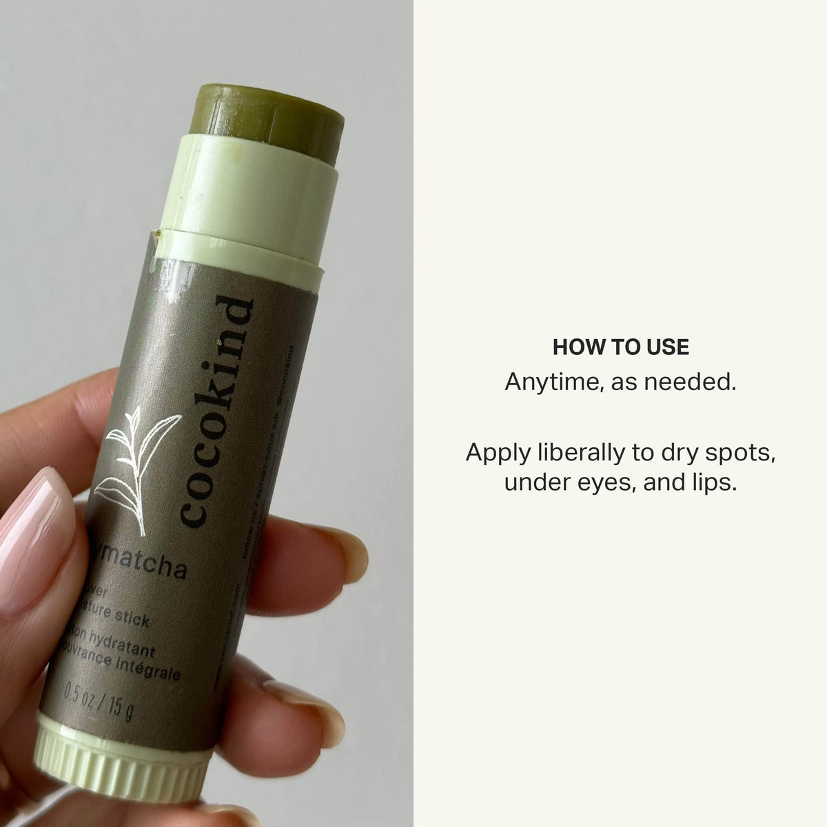 Cocokind Mymatcha applied to lips demonstrating softening and protective benefit