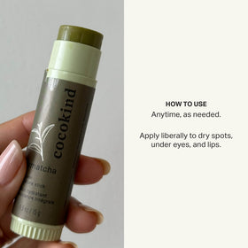Cocokind Mymatcha applied to lips demonstrating softening and protective benefit
