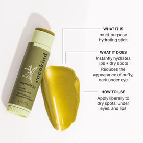 Cocokind Mymatcha stick open, visible balm surface for easy mess-free application benefit