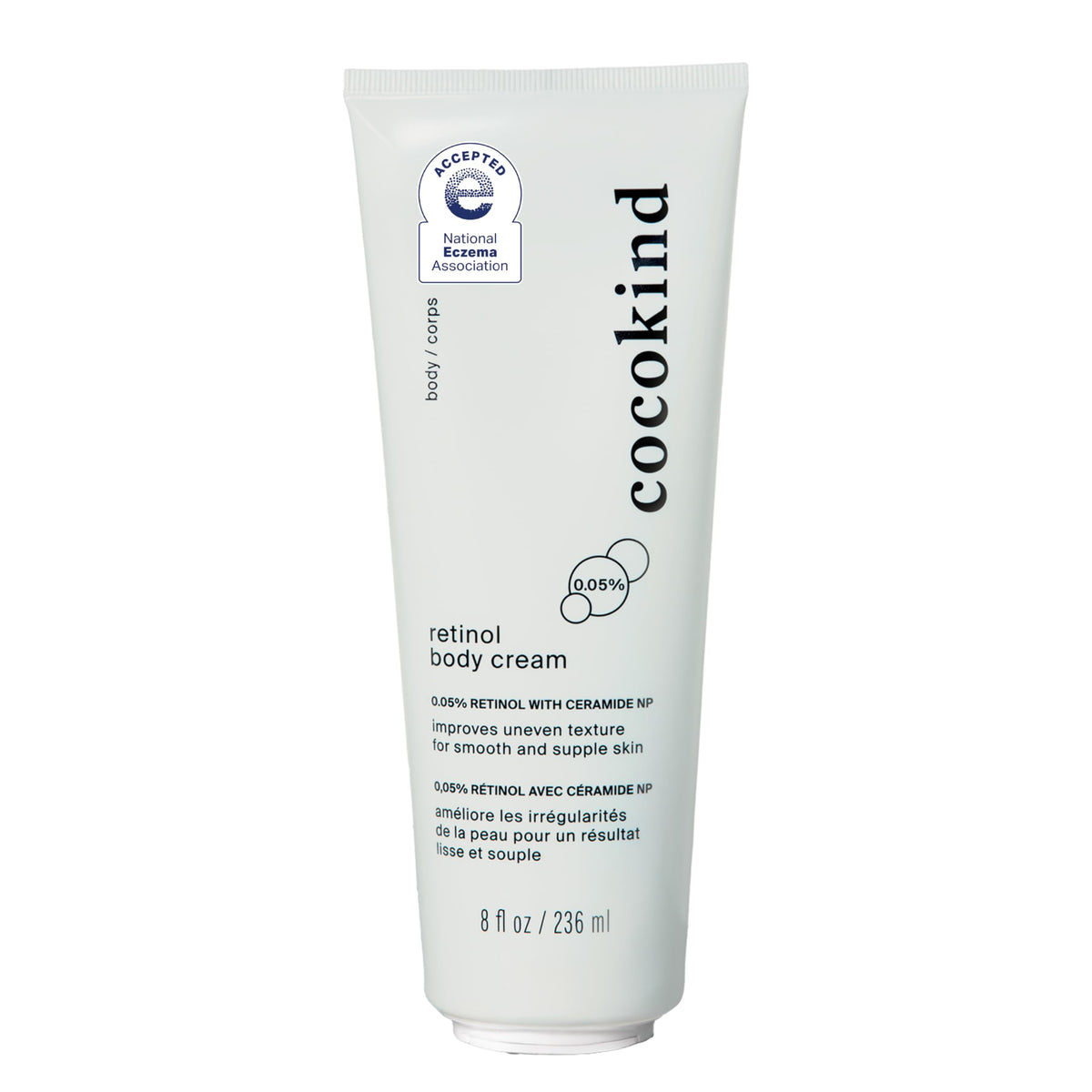 Cocokind retinol body cream front packaging shows label and benefits
