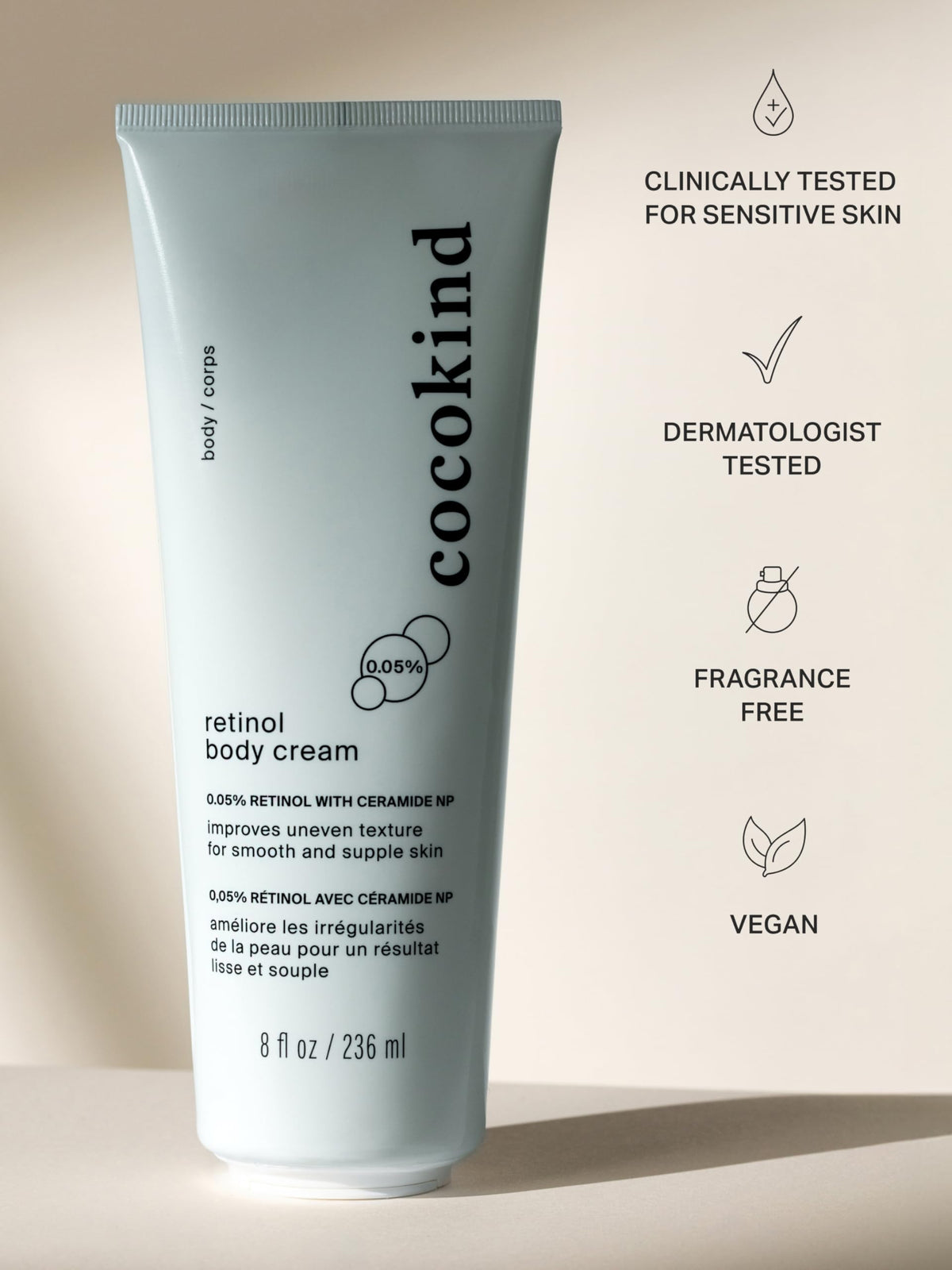 Cocokind retinol body cream texture close-up highlights creamy, absorbent finish