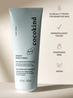 Cocokind retinol body cream texture close-up highlights creamy, absorbent finish