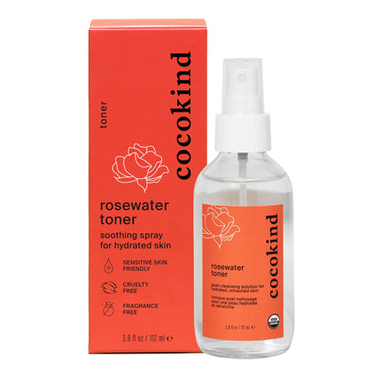 Cocokind rosewater bottle front view showing simple packaging and hydrating benefit