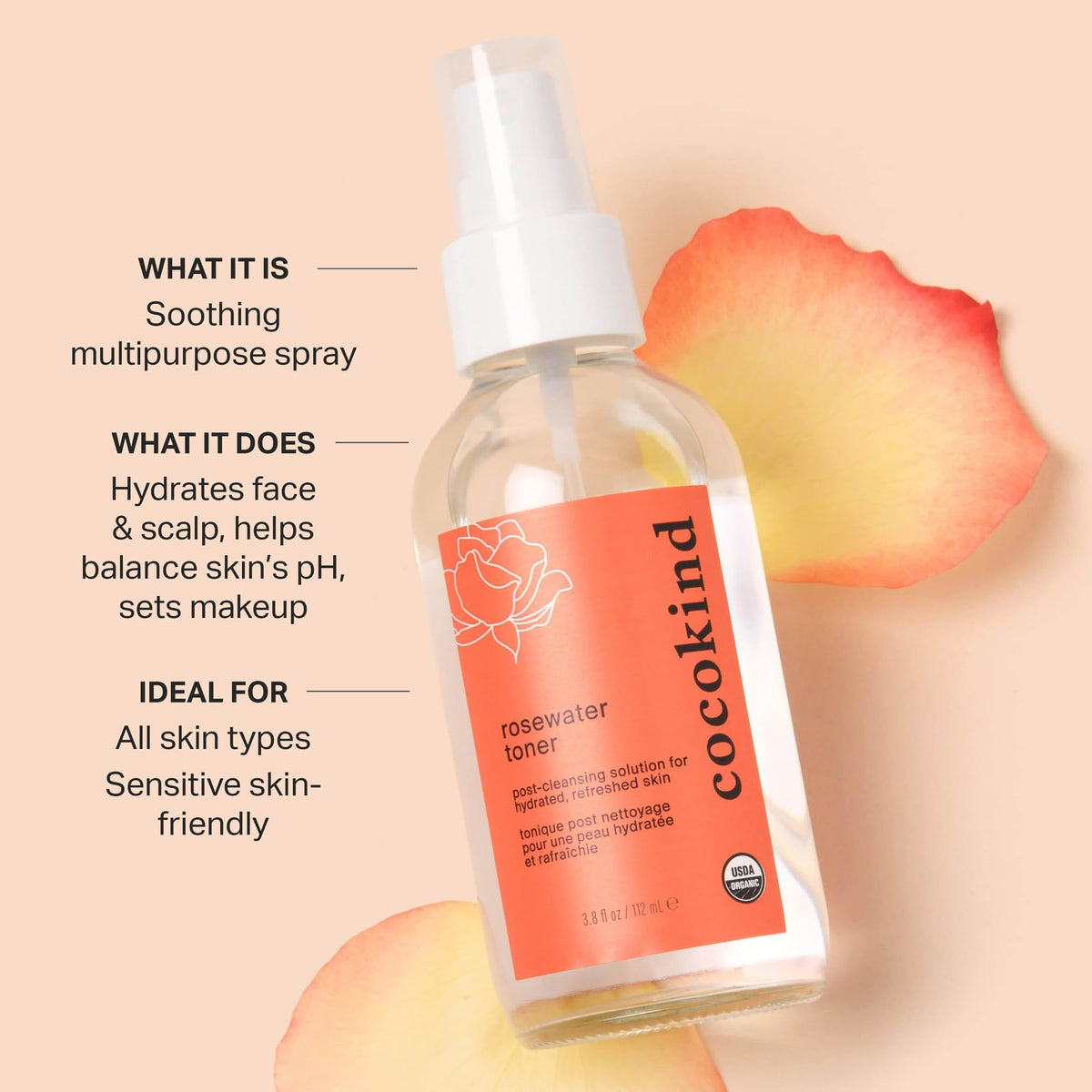 Cocokind rosewater fine mist close-up delivering instant hydration and cooling comfort