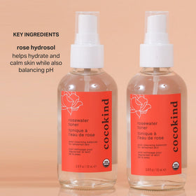 Cocokind rosewater ingredients label highlighting 100% rose hydrosol for gentle balance