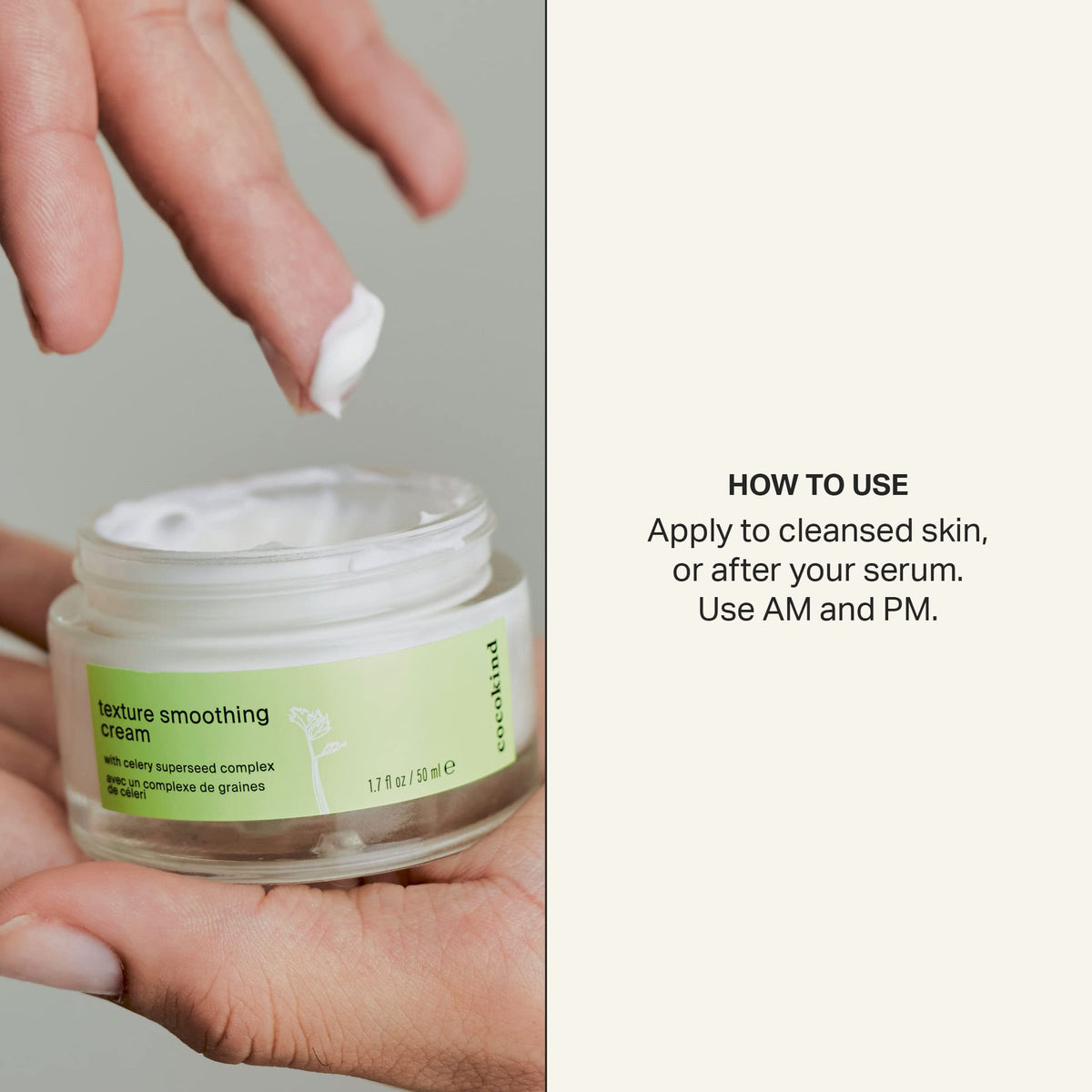 Cocokind cream spread on hand demonstrating quick absorption and hydration