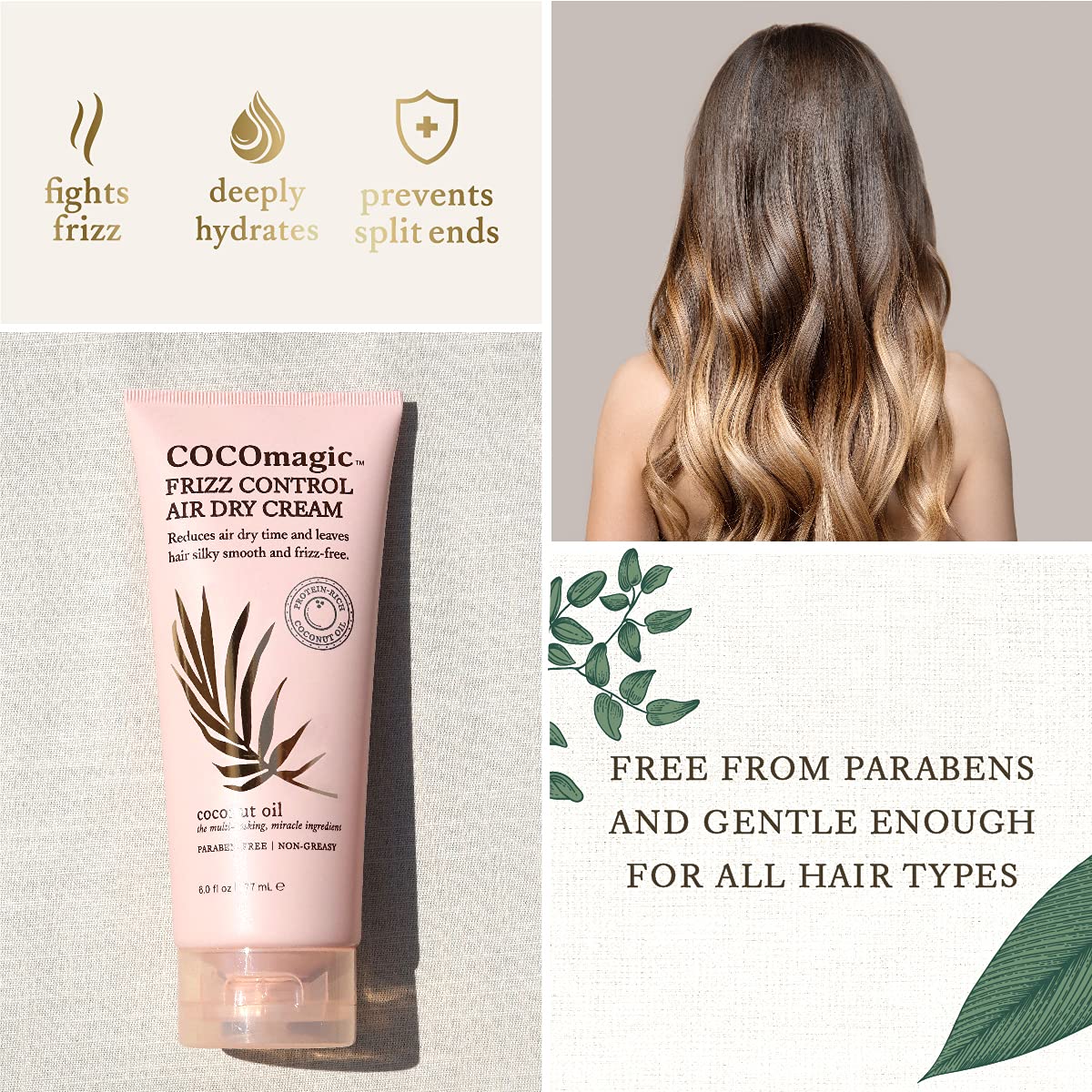 Cocomagic before and after hair image showing reduced frizz and shine