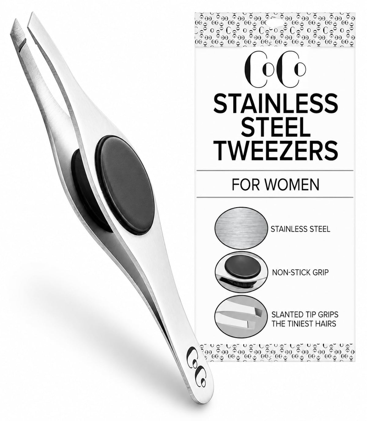 Coco's Closet front view of tweezer packaging showing product and benefits