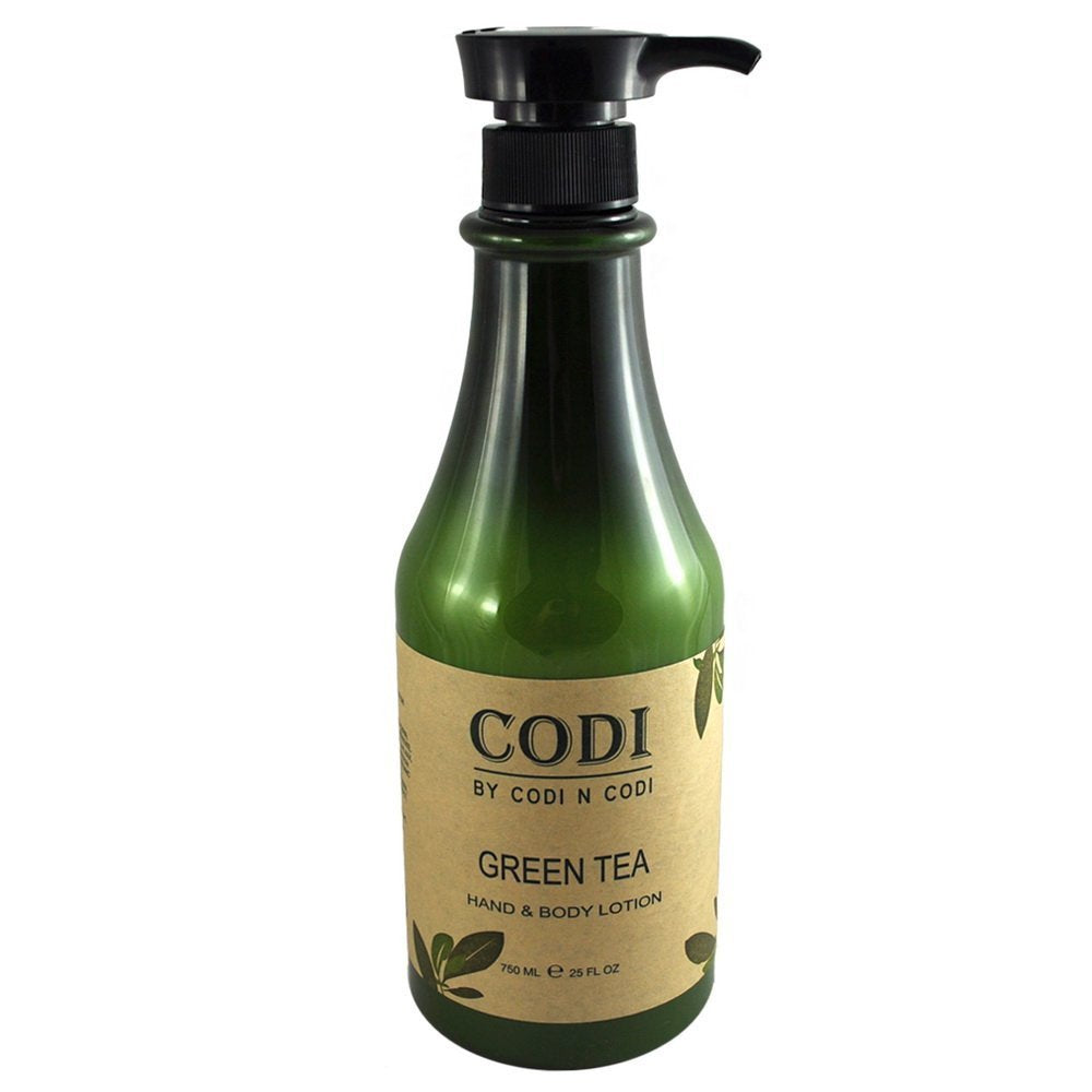 Codi N Codi front bottle shot showing pump and green tea lotion benefits