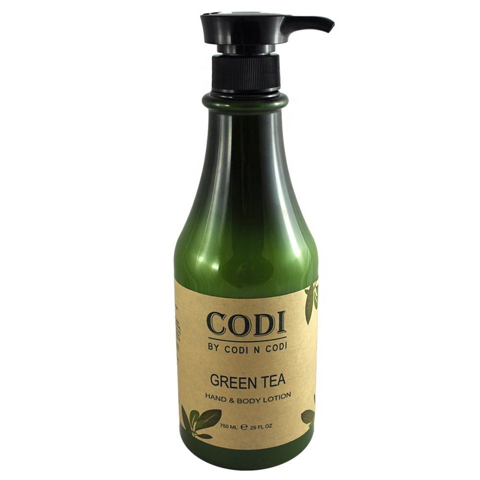 Codi N Codi front bottle shot showing pump and green tea lotion benefits