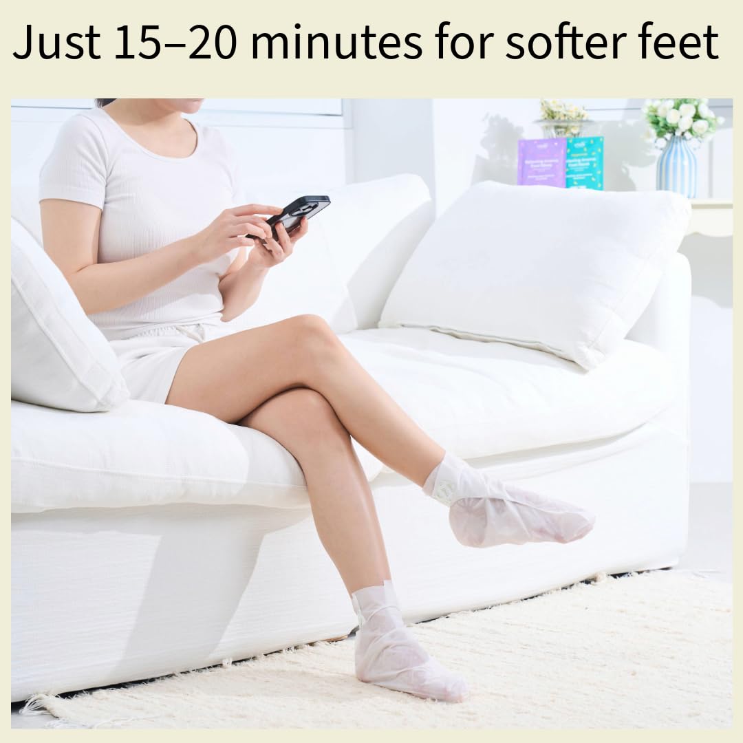 Codi New York foot mask worn during at-home relaxation showing hydrated feet
