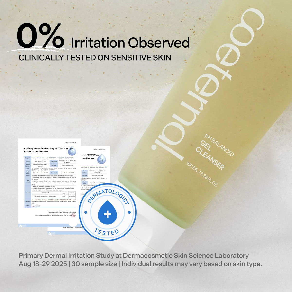 coeternal gel texture on hand demonstrating gentle smooth cleansing