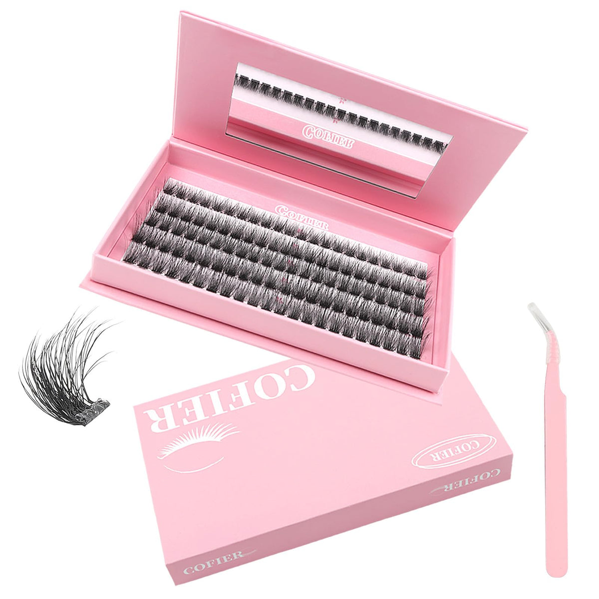 CoFier front packaging showing glue-free lash clusters and included tweezer for convenience