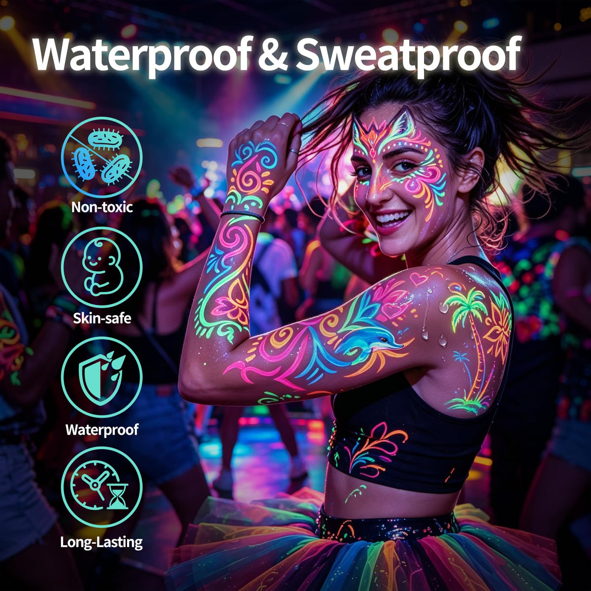 COLAYERIST full-arm body art under UV light highlighting durable fluorescent color