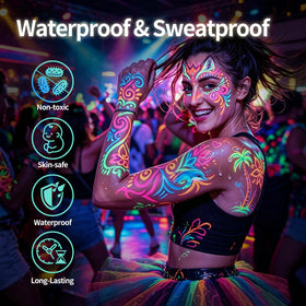 COLAYERIST full-arm body art under UV light highlighting durable fluorescent color