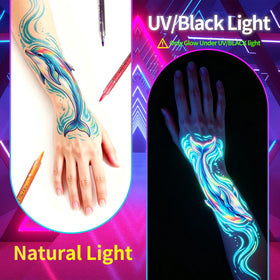 COLAYERIST model wearing neon face art at festival showcasing striking glow