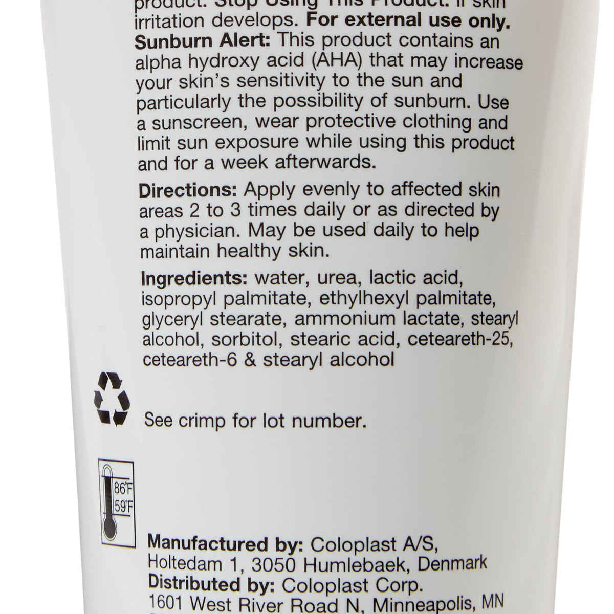 Ingredient panel on Coloplast Atrac-Tain tube listing 10% urea and 4% lactic acid for potency