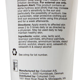 Ingredient panel on Coloplast Atrac-Tain tube listing 10% urea and 4% lactic acid for potency