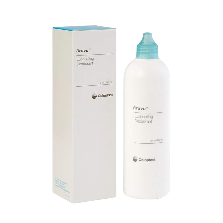 Coloplast Brava front view of 8 oz bottle showing label and size benefit