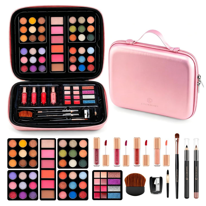 Color Nymph front view of open kit showing organized palettes and handbag benefit portability