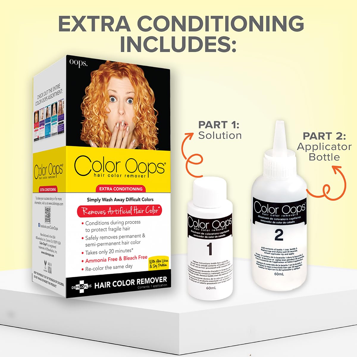 Close-up of Color Oops creamy remover texture highlighting conditioning ingredients