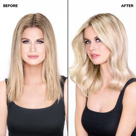 COLOR WOW applying foam to blonde hair for brass-free, softer styling