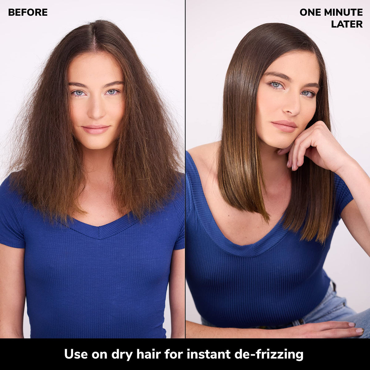 COLOR WOW applied to dry hair in use depicting instant smoothing and frizz control