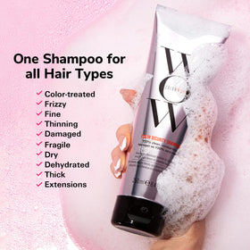 COLOR WOW shampoo pouring shows lightweight lather for clean rinsing